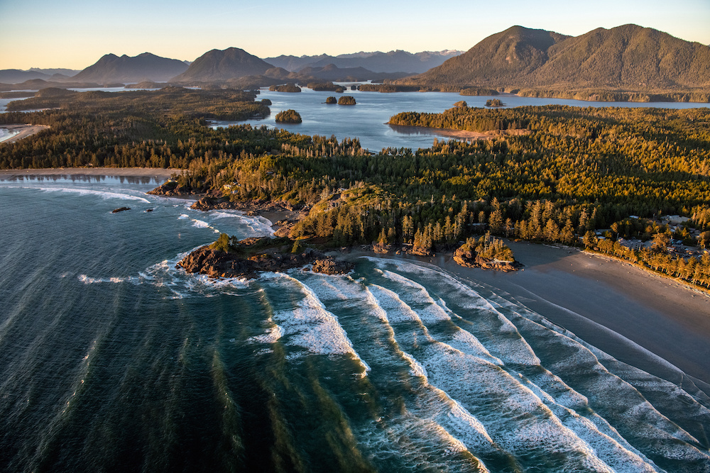 A landscape of Tofino covered in greenery surrounded by the sea in the Vancouver Islands, Canada